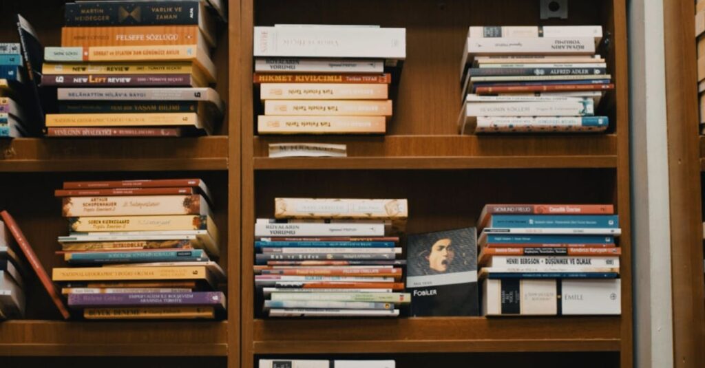 Assorted books in a library to introduce the Cozioligy women's book club,