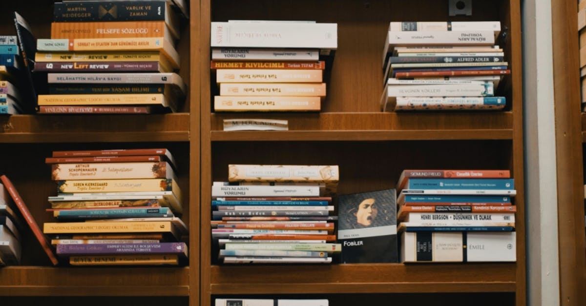 Vertical shot of well-organized bookshelves filled with assorted books in a library.