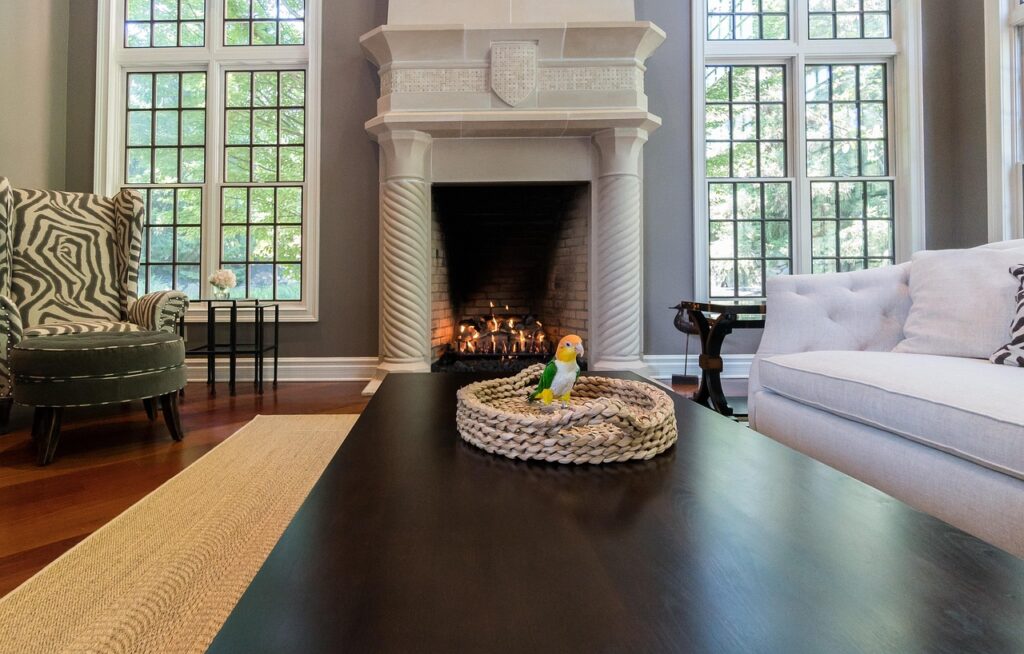 indoors, window, room, furniture, house, luxury, inside, sofa, table, family, contemporary, mansion, fireplace, wood, architecture, home, living, estate, decoration, decor, lamp, modern, interior, design, brown, trendy, style, bird, tropical, brown lamp, sofa, mansion, wealthy, fireplace,