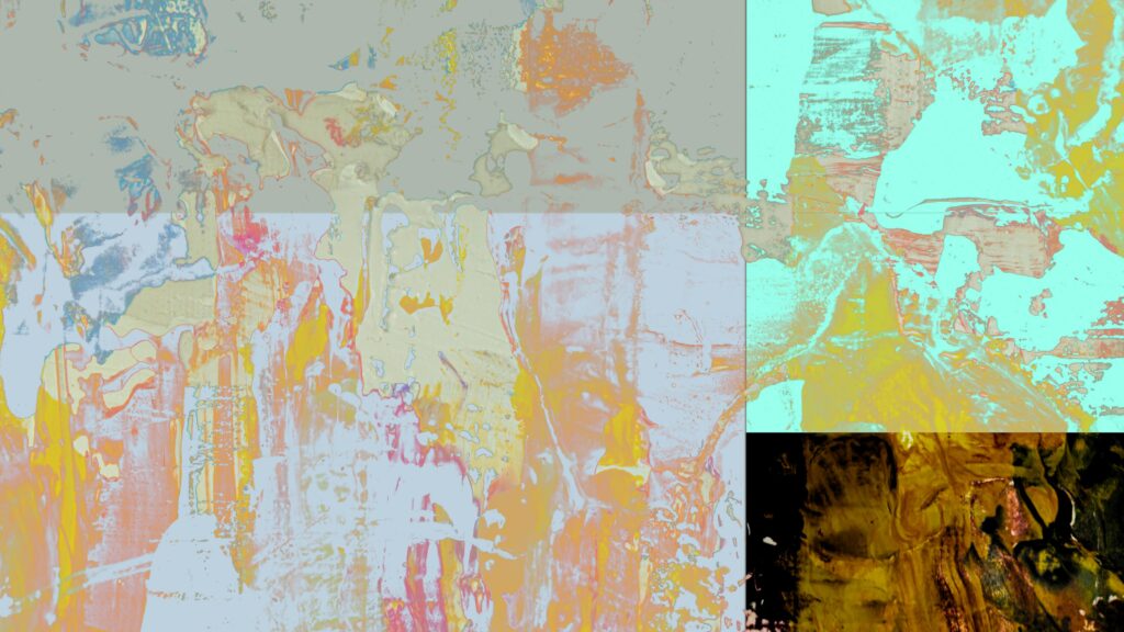 Vibrant abstract expressionist artwork with textured layers and dynamic colors, and timelines..