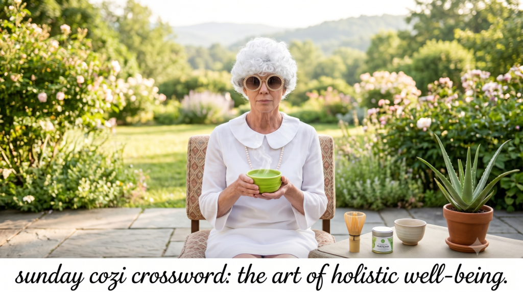 Aunt Netty sipping tea while working on the Sunday Cozi Crossword in our ai generated image.