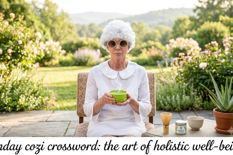 Aunt Netty sipping tea while working on the Sunday Cozi Crossword