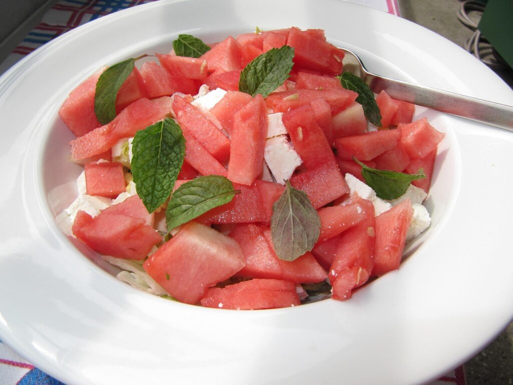 melon, watermelon, feta cheese, nature, cheese, melon salad, salad, mint leaves, mint, melon pieces, summer, eat, food, juicy, fruit, taste