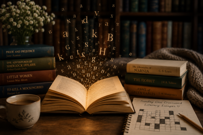 A whimsical book next to Cozi Crossword puzzle.