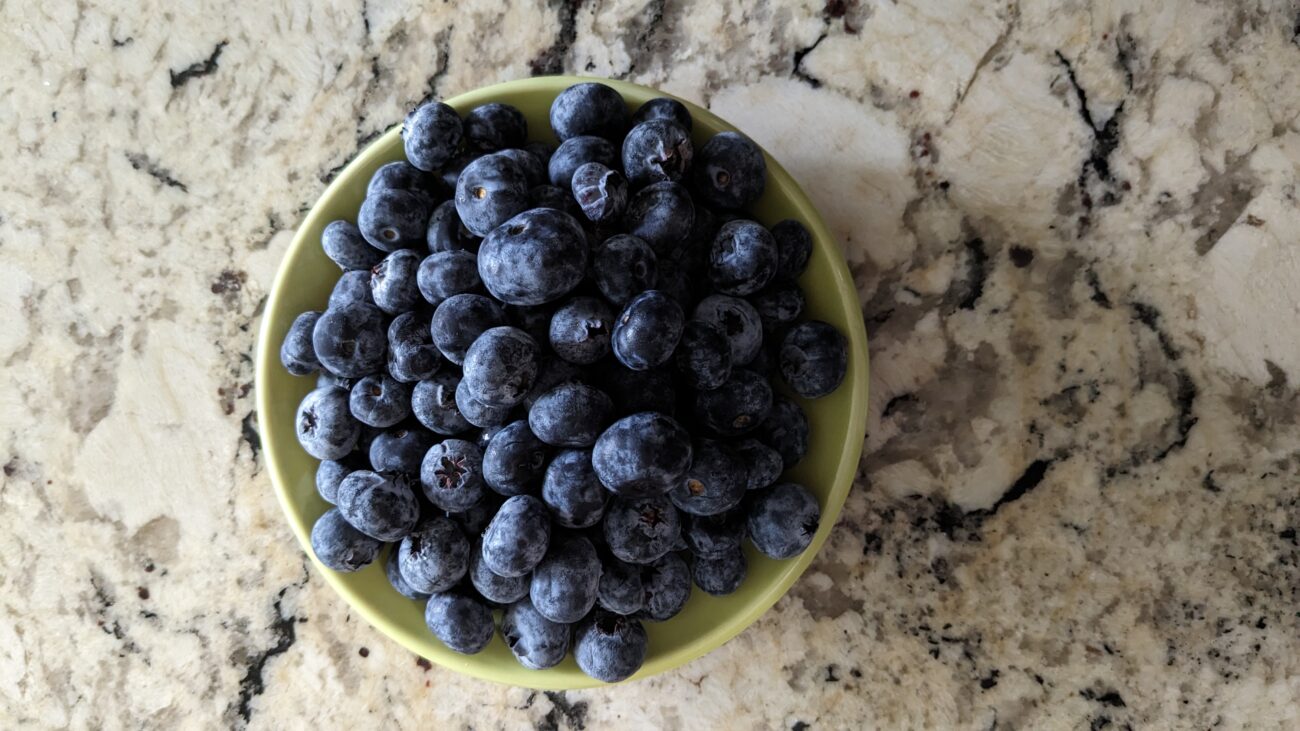 Fresh blueberries in a bowl on a kitchen granite countertop
